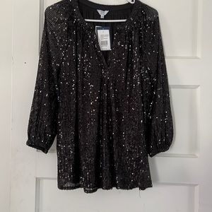 Crown & ivy NWT black sequin icon peasant top night out loose fit size L
